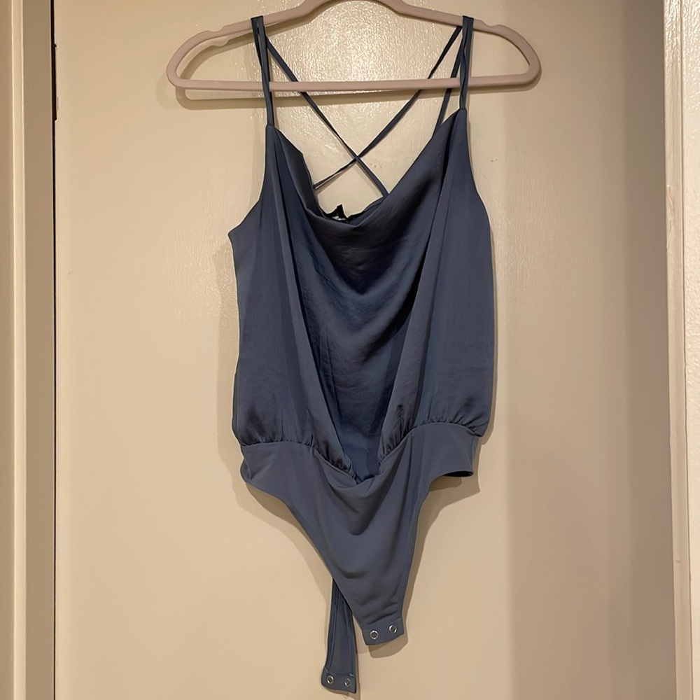 Express satin blue cowl neck bodysuit